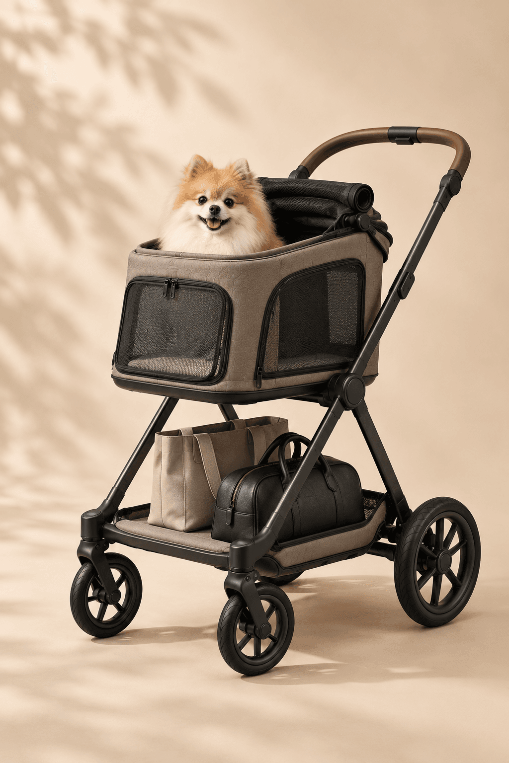 PET MODE の構成。上段がドッグキャビン/ペットコットになり、ポメラニアンが乗っている。下段はオープンデッキで荷物を積んだ状態。